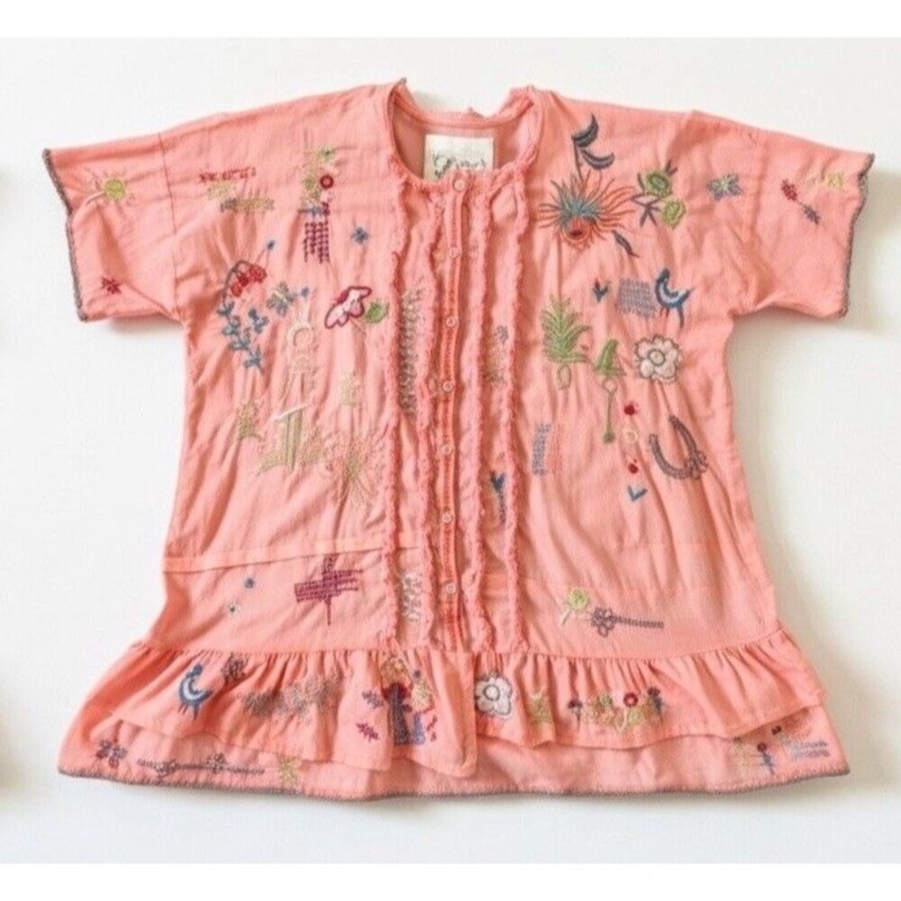 Johnny Was Biya Mayeda Embroidered Peplum Blouse NWOT Size M Shell Pink
